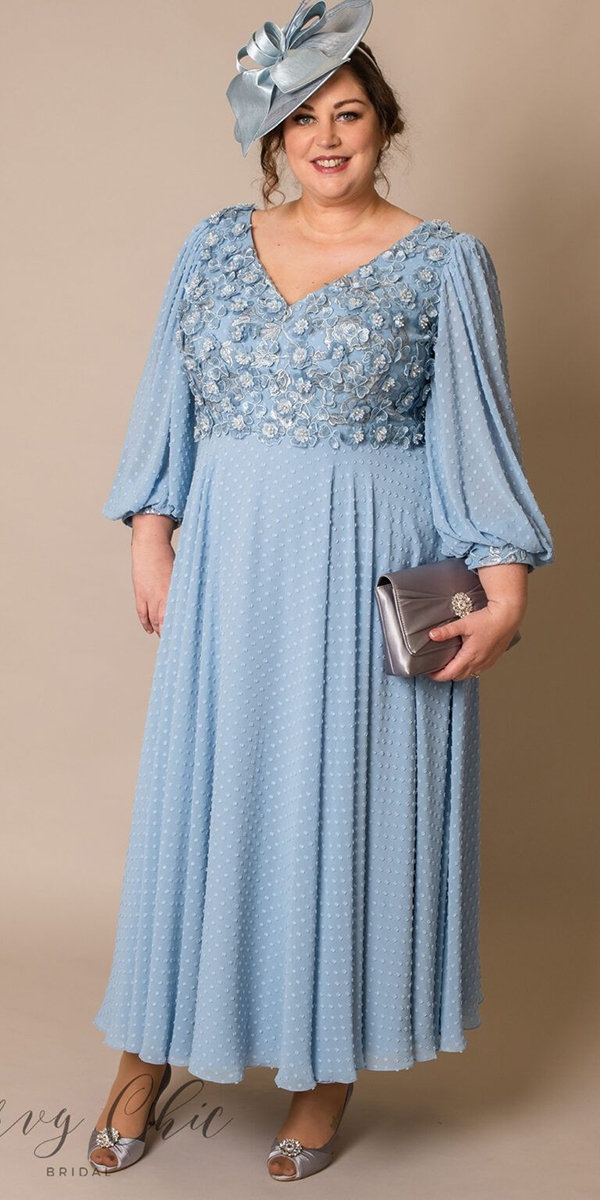 plus size mother of the bride dresses blue lace with long sleeves tea length curvybridal