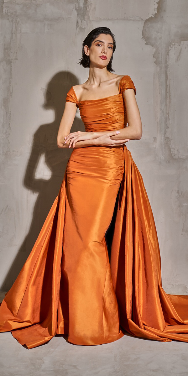 wedding guest designer dresses simple orange rust hamda