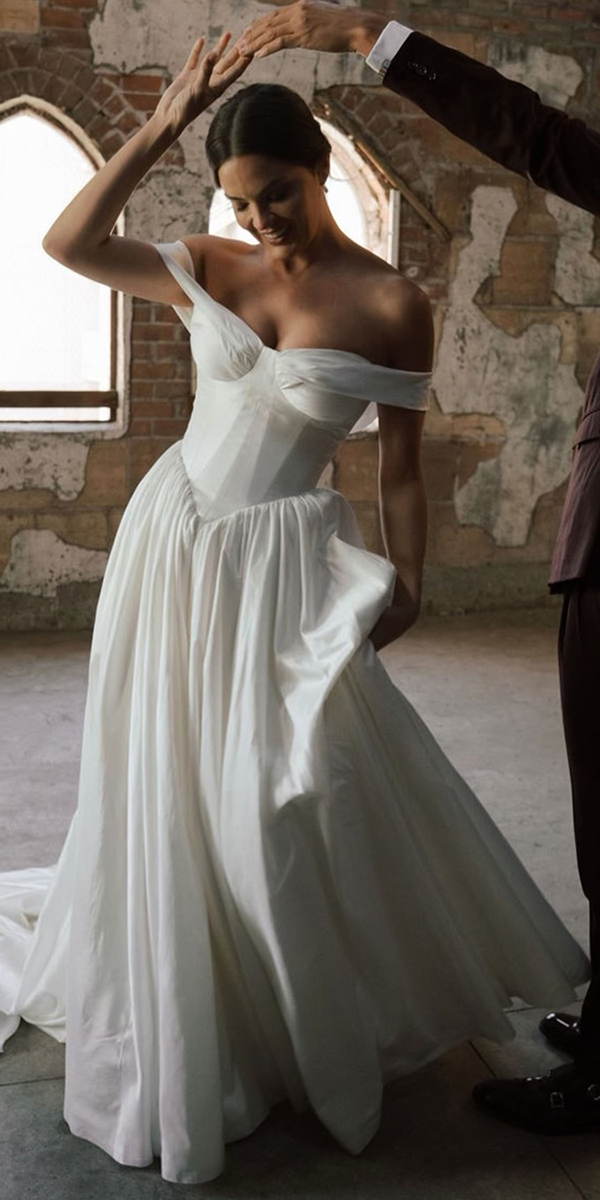 basque waist wedding dresses a line simple off the shoulder sweetheart neckline lihihod