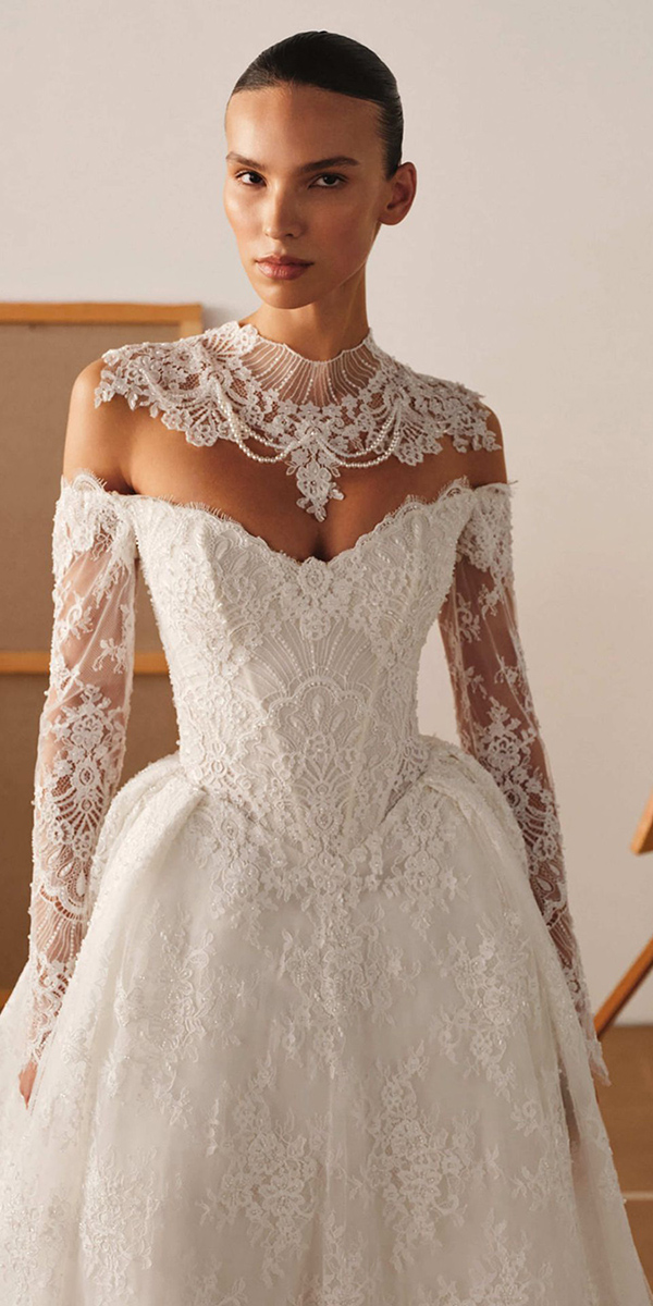 basque waist wedding dresses lace sleeves millanova