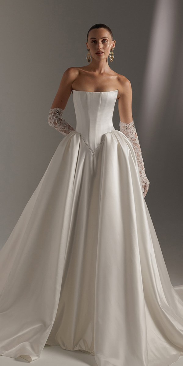 basque waist wedding dresses simple strapless neckline berta