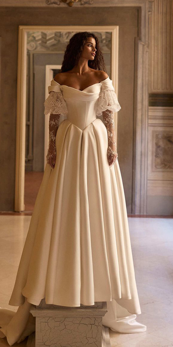basque waist wedding dresses sleeves off the shoulder millanova