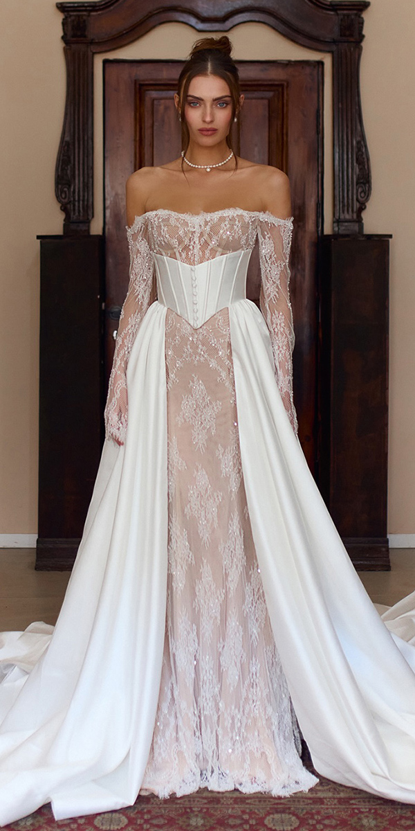 basque waist wedding dresses with overskirt corset julievino