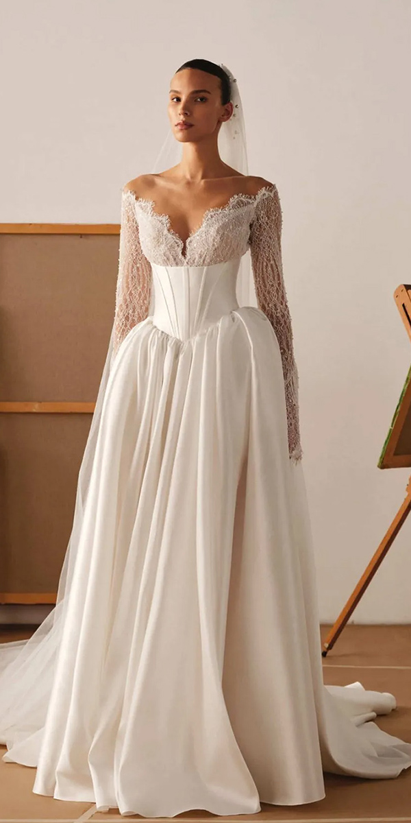 basque waist wedding dresses with sleeves corset vintage millanova