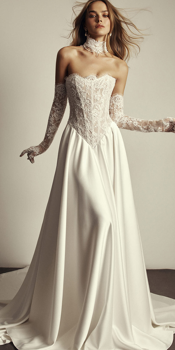 basque waist wedding dresses with sleeves strapless neckline lace berta