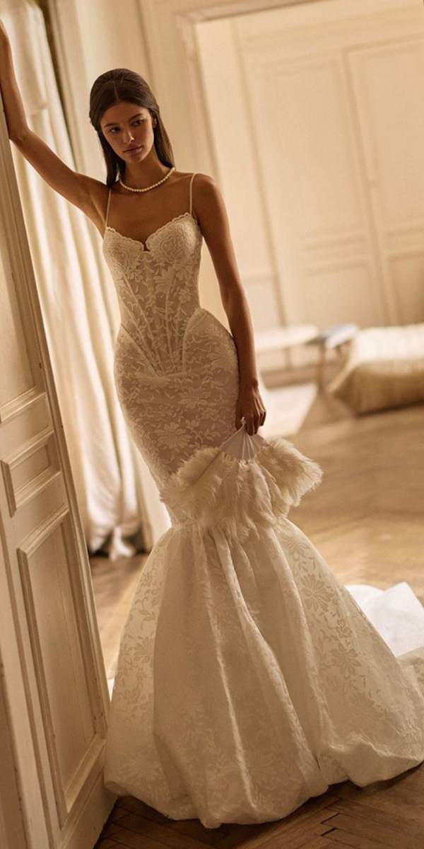 bubble hem wedding dresses lace with spaghetti straps millanova