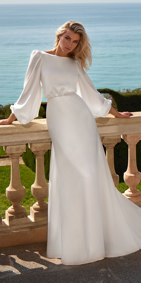 silk wedding dresses sheath with long sleeves pronovias