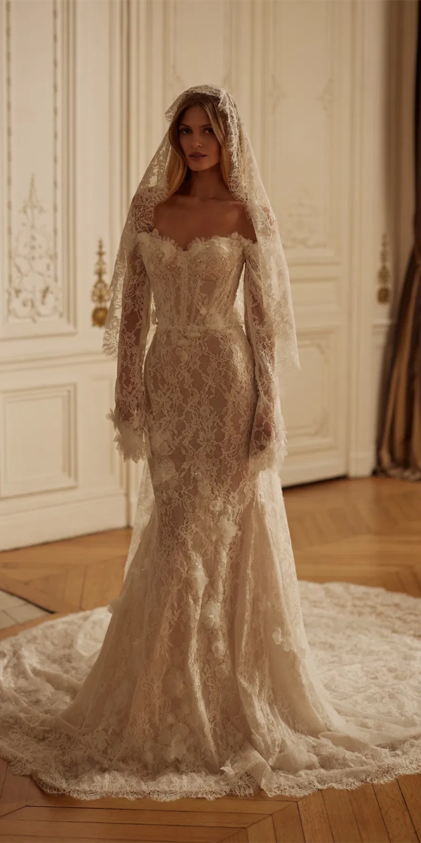 trendy wedding dresses lace with sleeves off the shoulder lucesposa