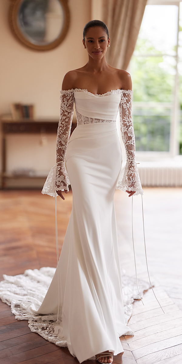 trendy wedding dresses with illusion sleves off the shoulder sheath lace sexy yedyna