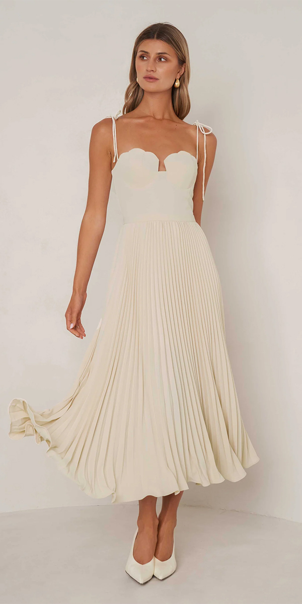 wedding guest designer dresses tea length straplesss neckline beach ellezeitoune