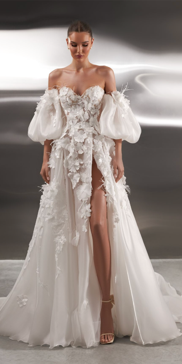 bohemian wedding dresses a line floral with puff sleeves oksana mukha