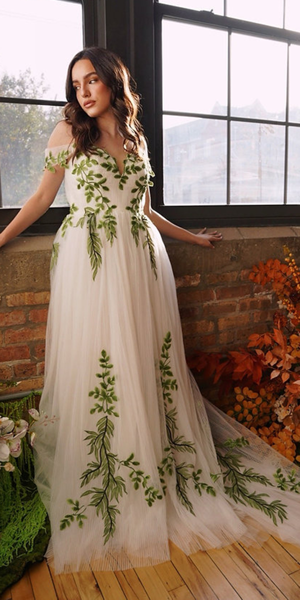 floral wedding dresses a line with green floral floraandlane