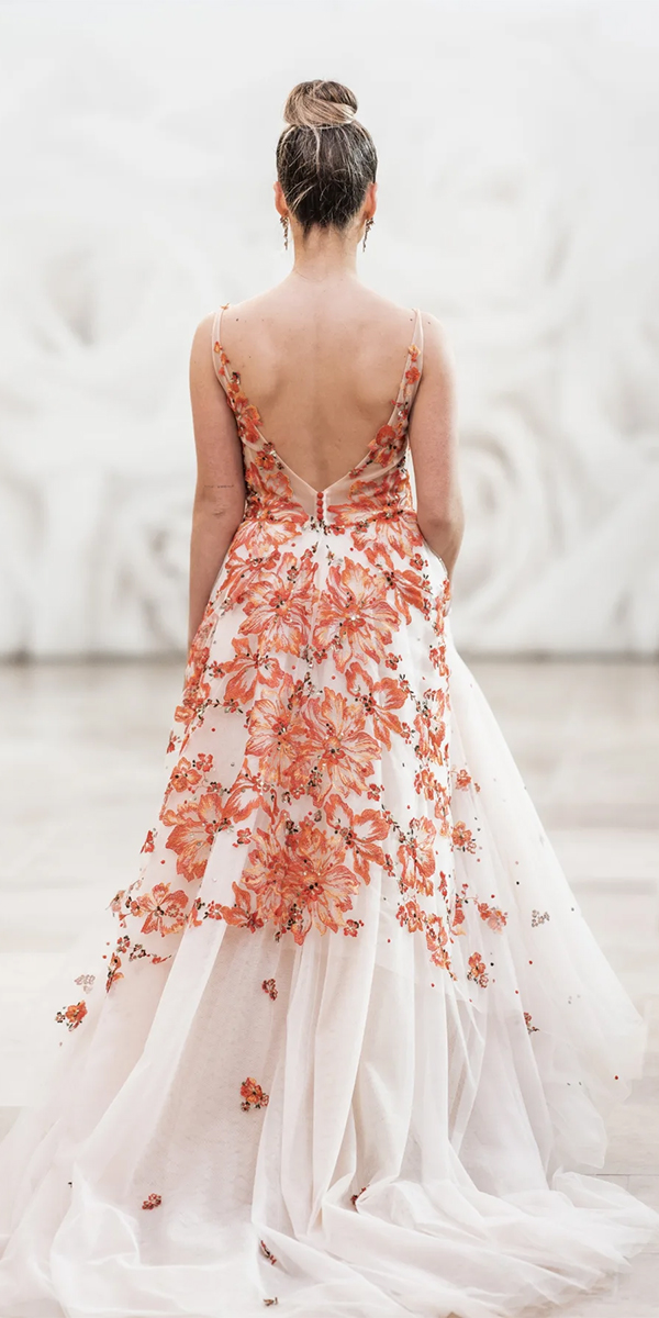 floral wedding dresses v back with red floral lesrobesacaro