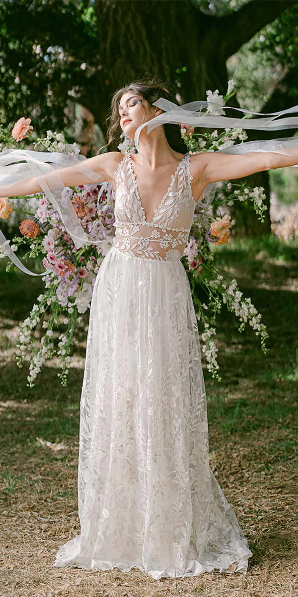 rustic lace wedding dresses a line v neckline boho floral claire pettibone