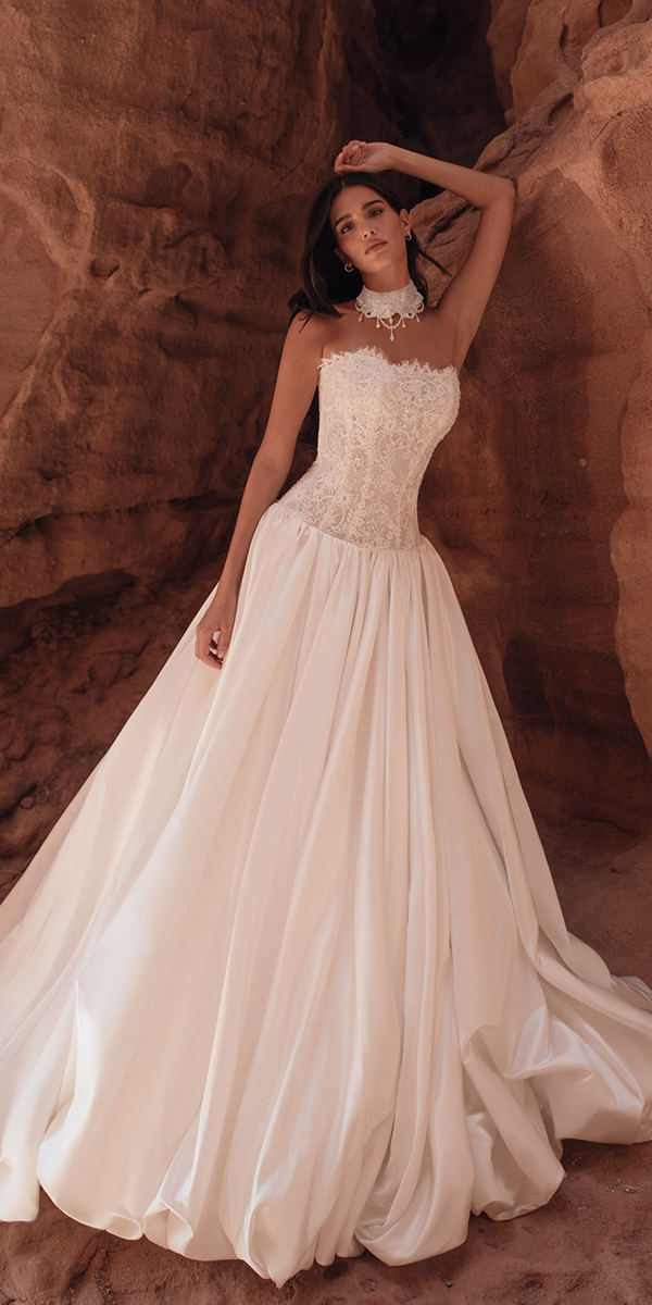 vintage inspired wedding dresses drop wais lace corset strapless kathycorso