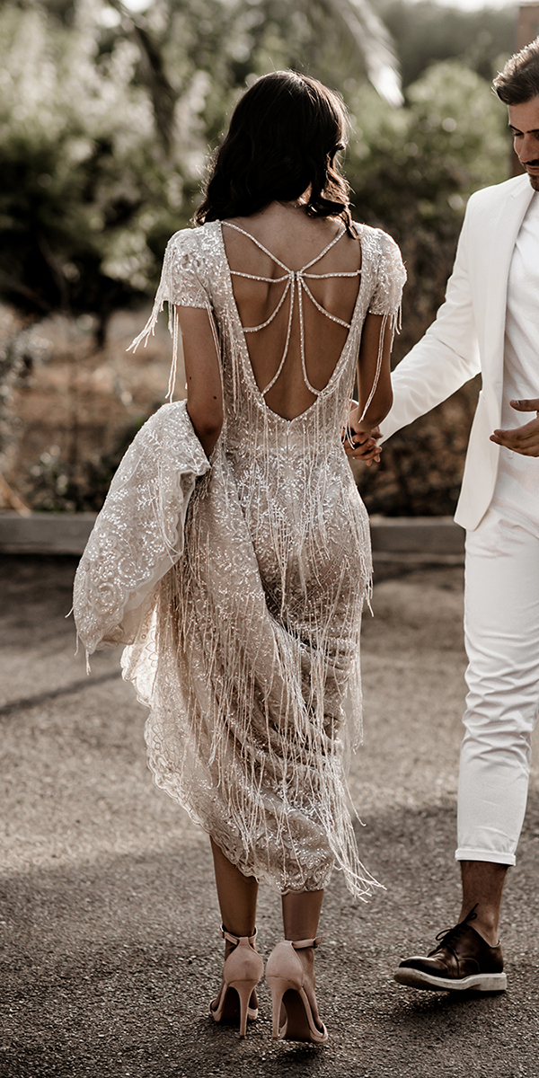 vintage inspired wedding dresses sheath open back with fringe wona
