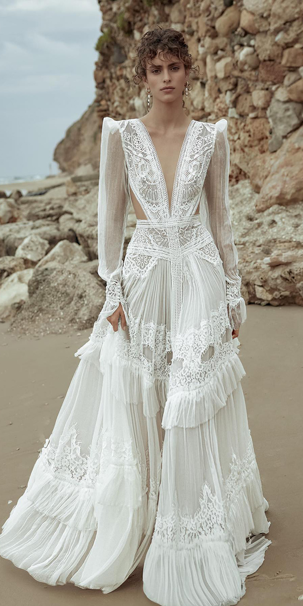 boho wedding dresses with sleeves lace v neckline beach danielkohavi.bridal