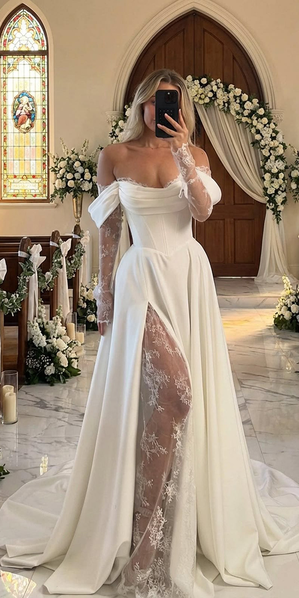 boho wedding dresses with sleeves simple with lace evalendel