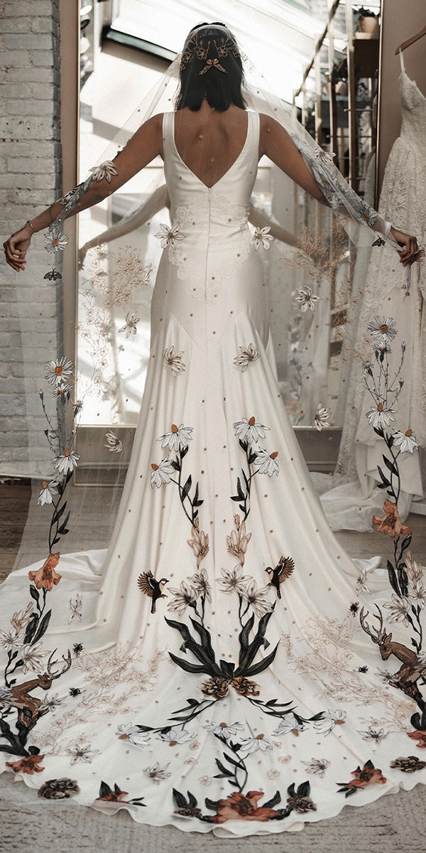 floral wedding dresses white with long train ruedeseine