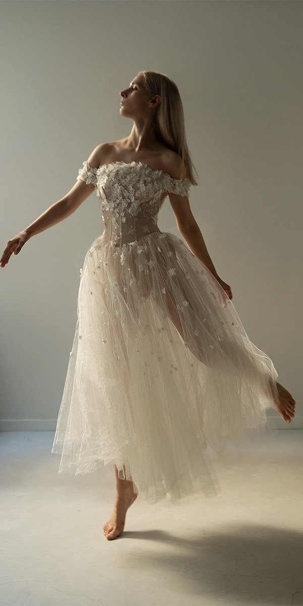 tea length wedding dresses off the shoulder floral chanamarelus