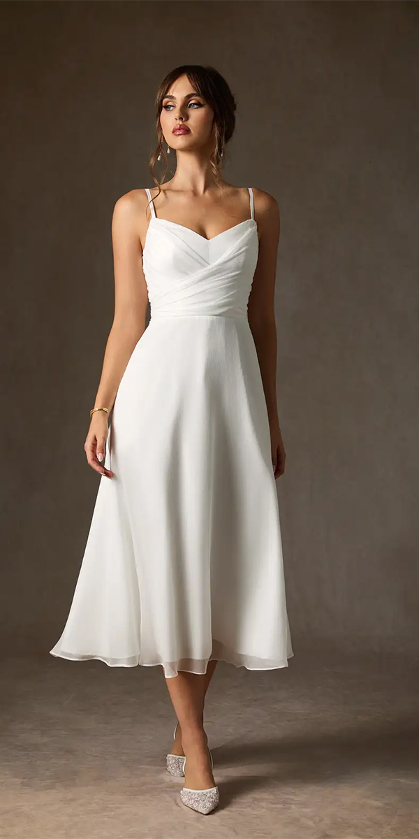 tea length wedding dresses simple casual with spaghetti straps azazie