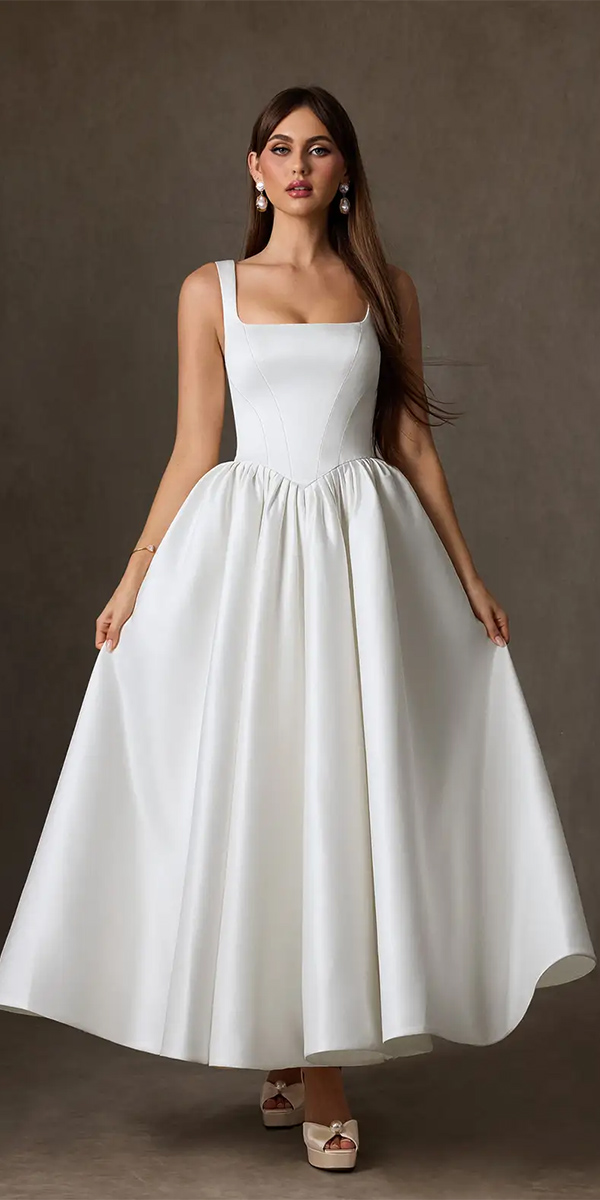 tea length wedding dresses simple square neckline elegant azazie