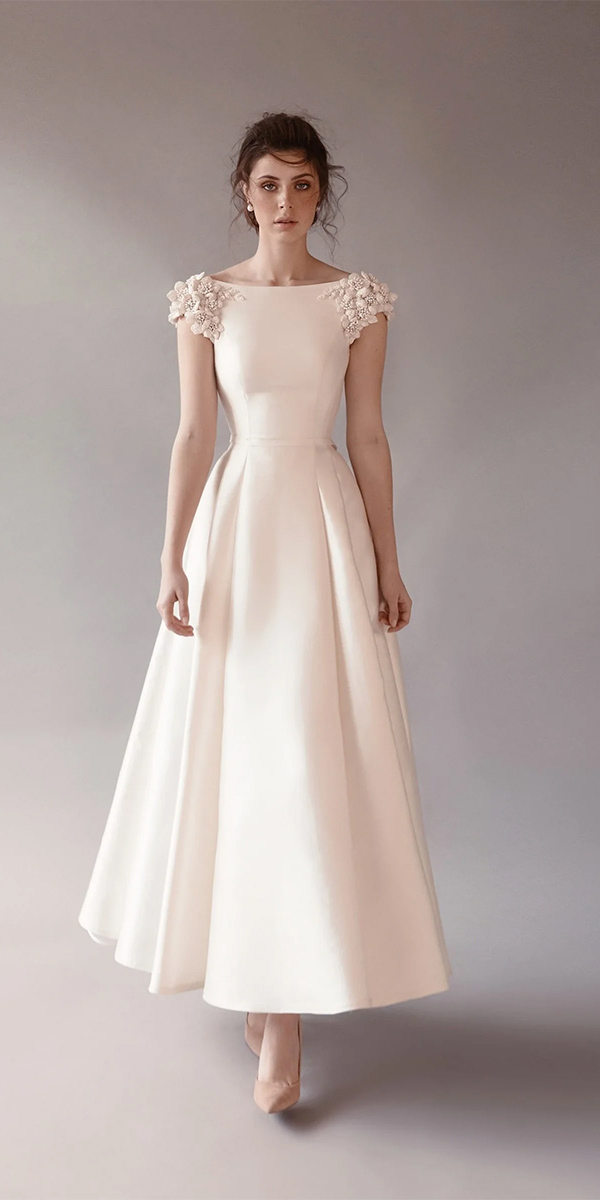 tea length wedding dresses simple with cap sleeves chanamarelus