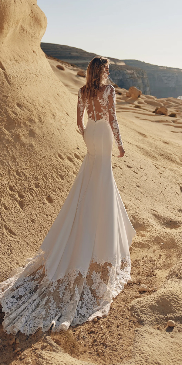beach wedding dresses with illusion long sleeves lace train eva lendel