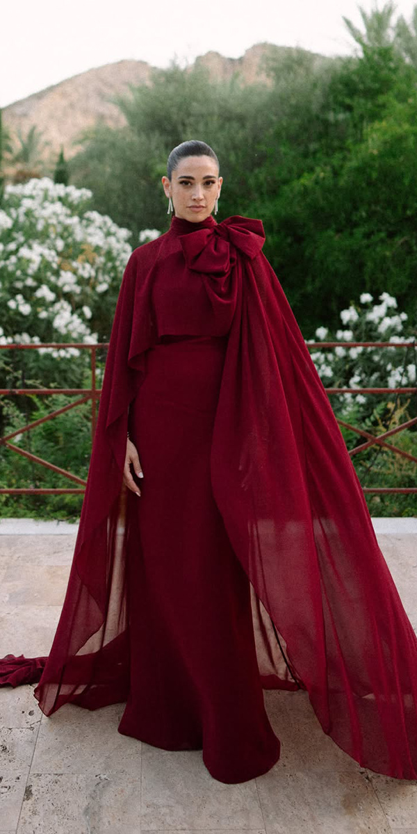 fall wedding guest dresses simple burgundy with cape silviafernandez
