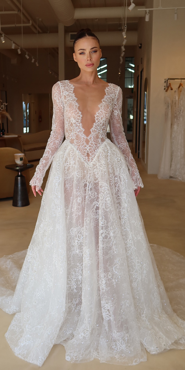 long sleeve wedding dresses a line lace sexy deep v neckline berta