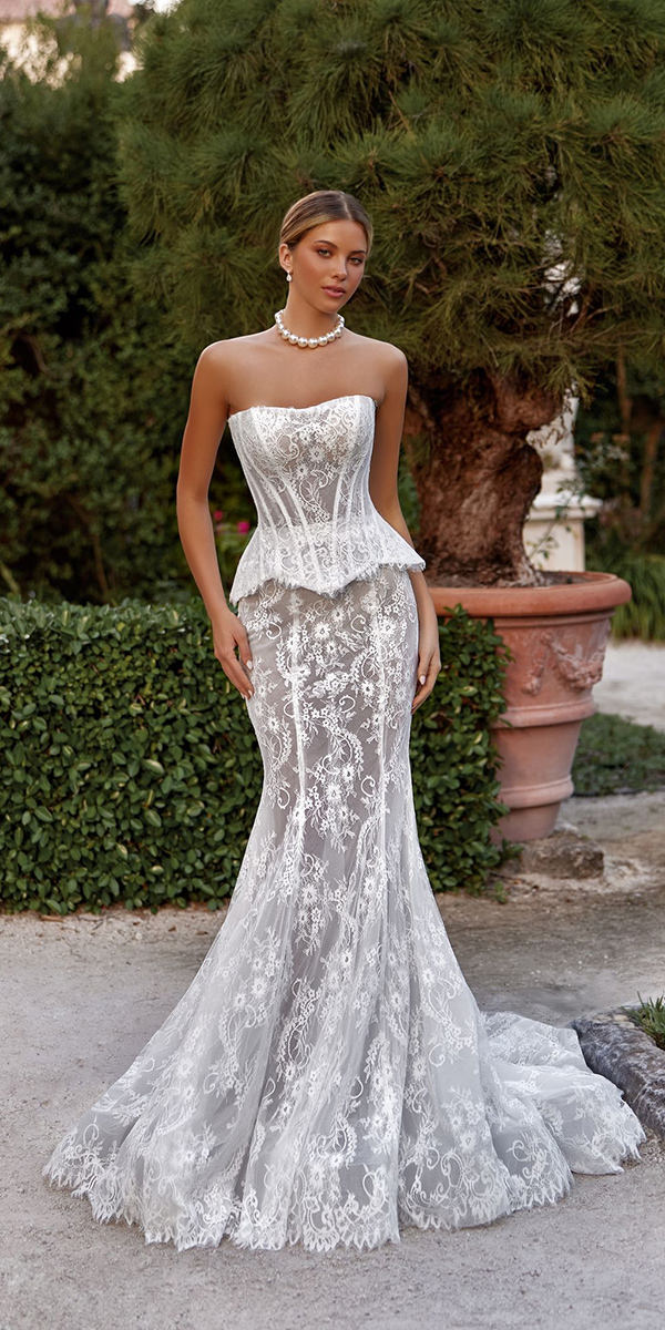 rustic lace wedding dresses mermaid strapless neckline oksanamukha