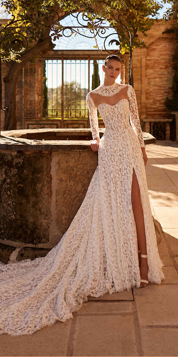 rustic lace wedding dresses with sleeves with slit pronovias