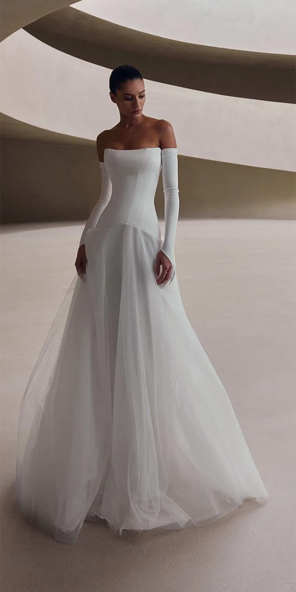 simple wedding dresses with long sleeves strapless neckline millanova