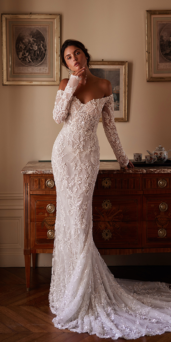 vintage wedding dresses sheath with long sleeves lace floral yedyna