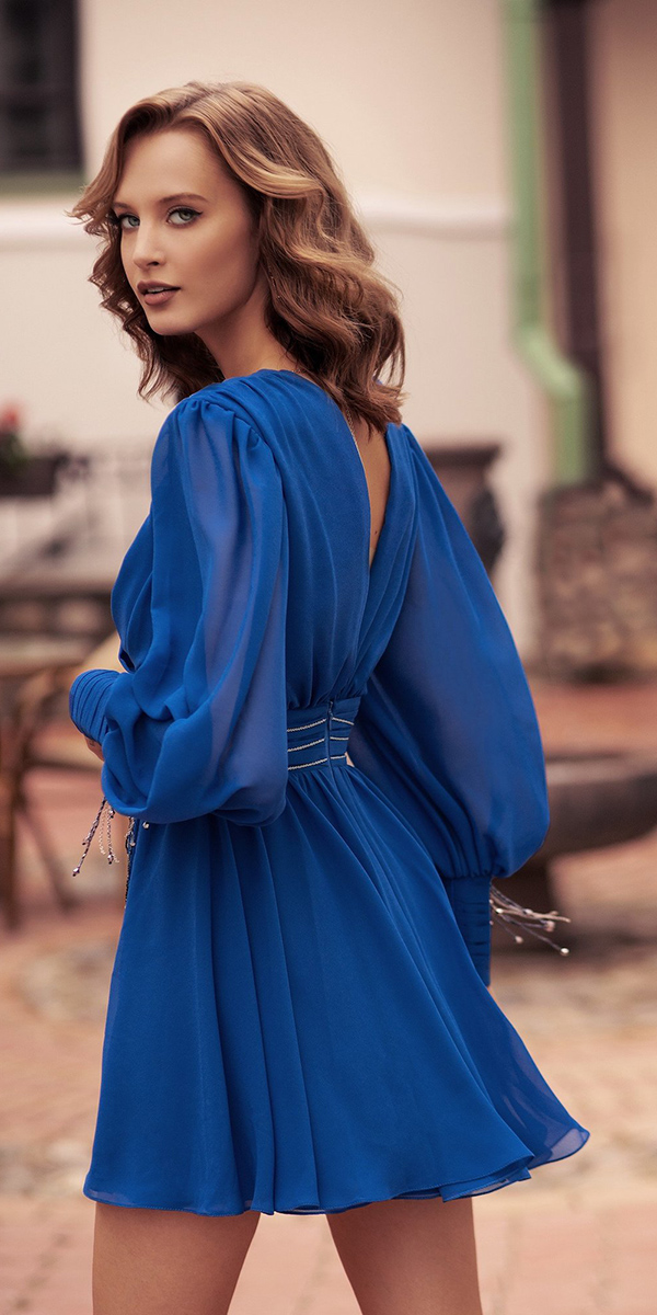 wedding guest designer dresses navy with long sleeves short papilio