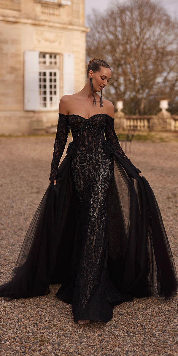 black wedding dresses lace with sleeves overskirt armonia