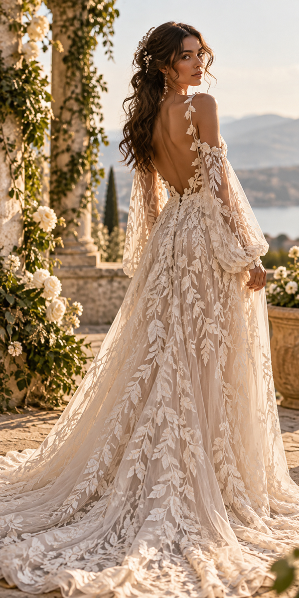 boho wedding dresses with sleeves open back floral
