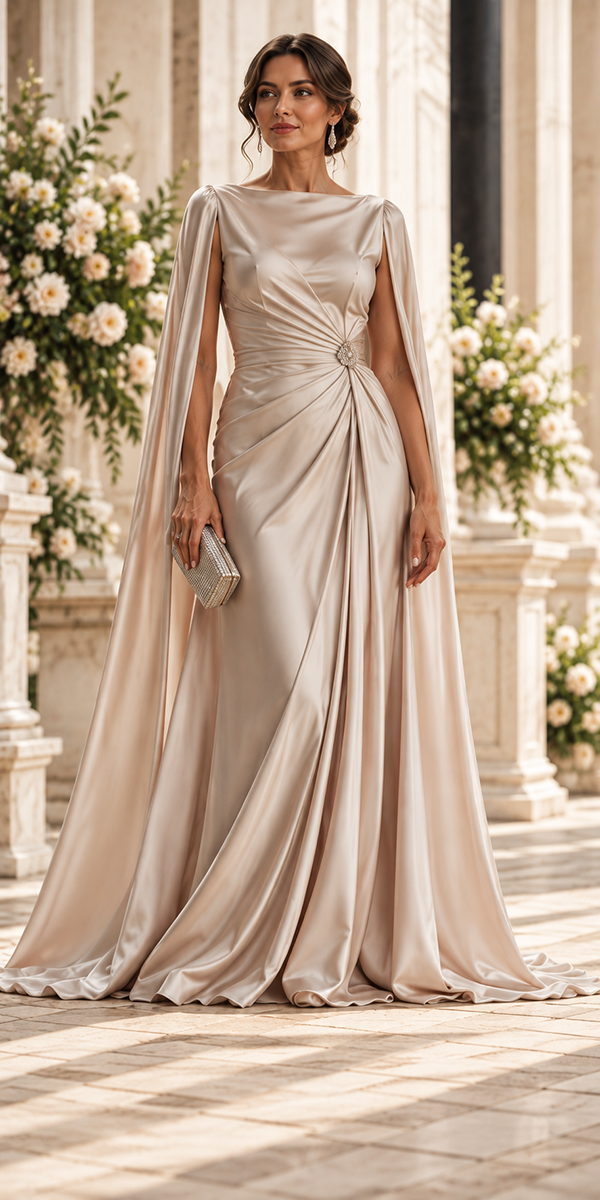 long mother of the bride dresses simple with cape blush