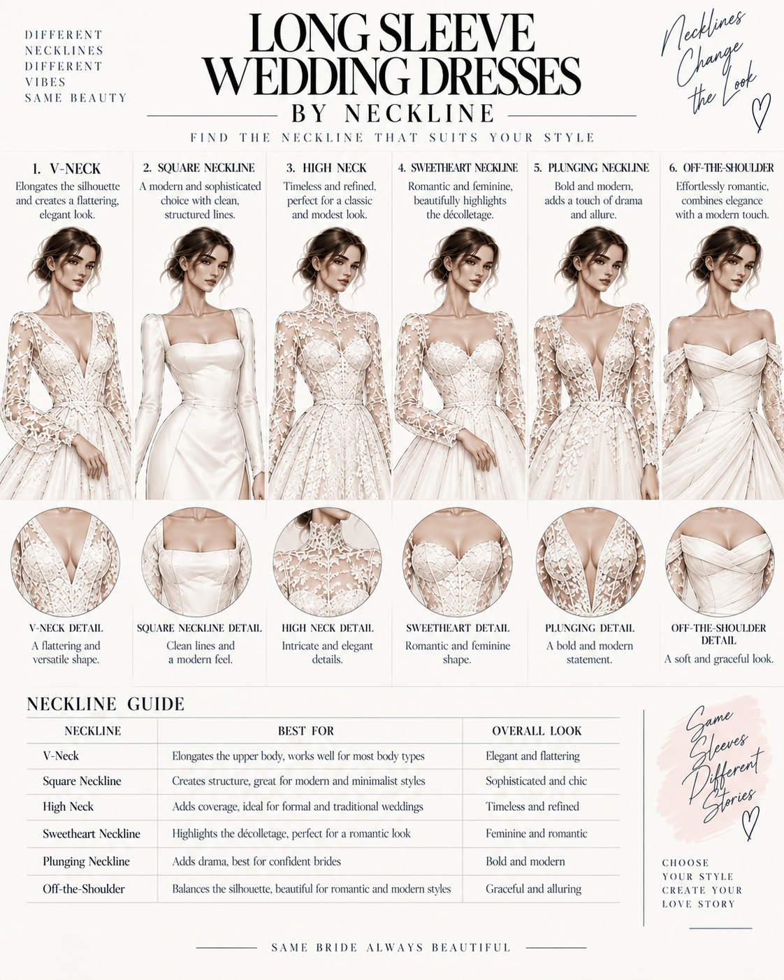 long sleeve wedding dresses by neckline