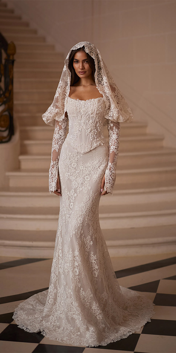 modest wedding dresses lace with cape sleeves luce sposa