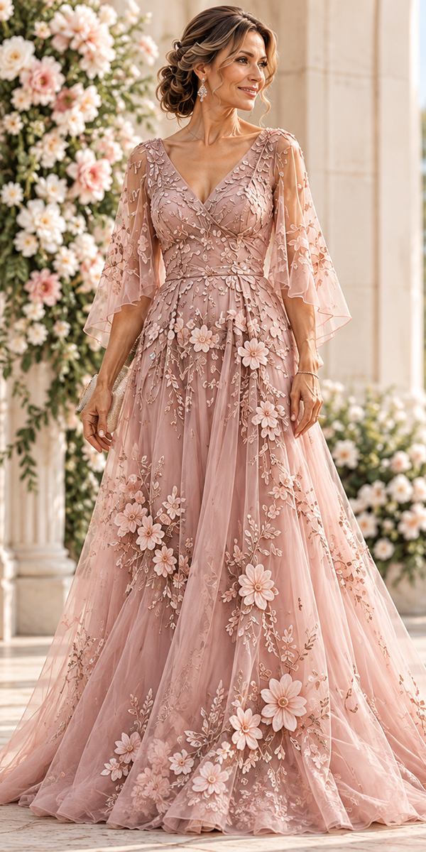 mother of the bride dresses long floral flowy sleeves