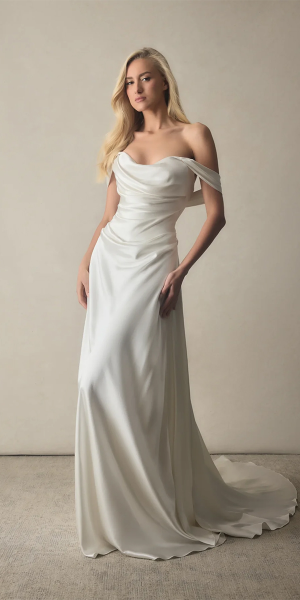 silk wedding dresses sheath simple off the shoulder katherinetash
